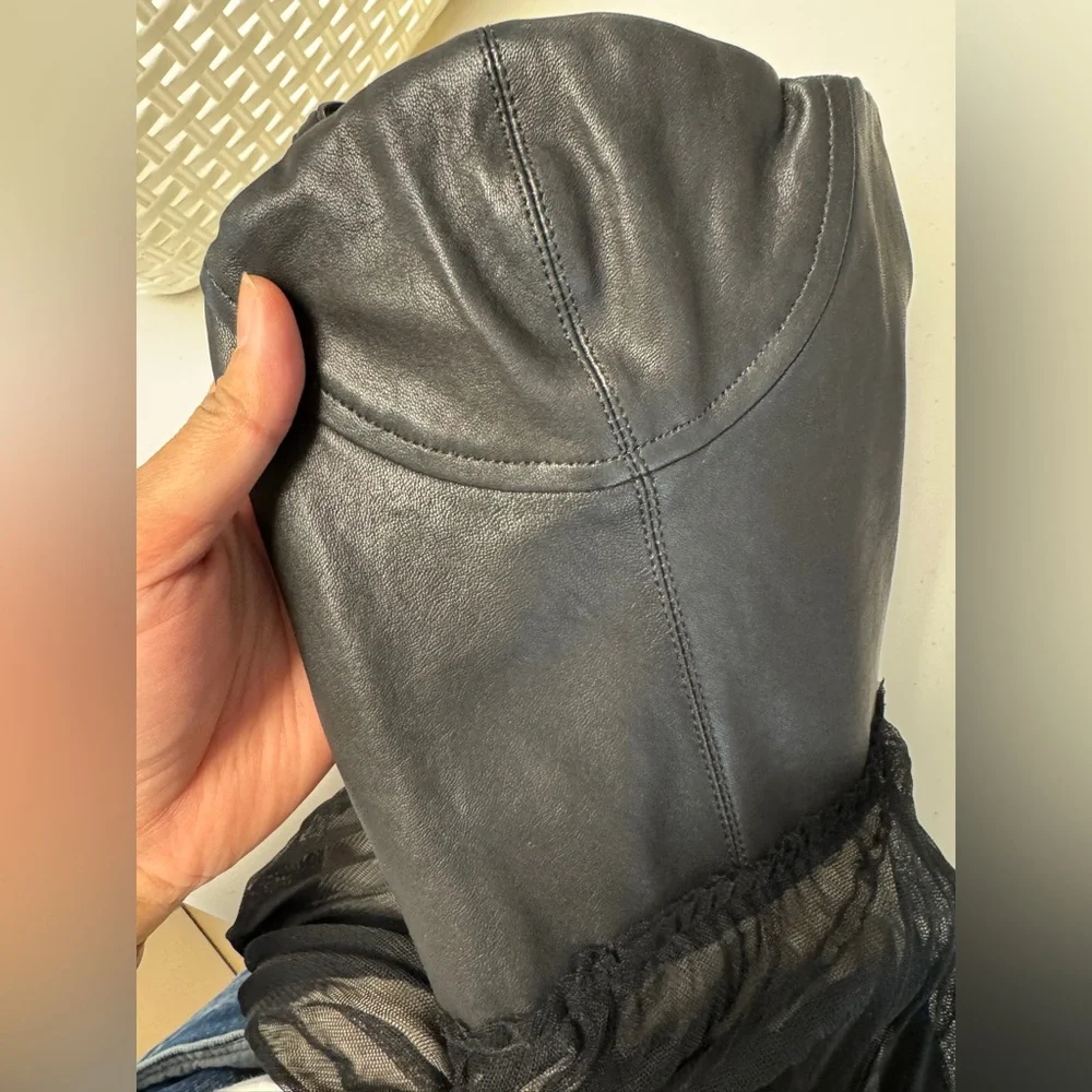 Alice + Olivia Leather Tulle Dress Black Fit Flare Party Mini Size 6 Dark Goth - Picture 14 of 15